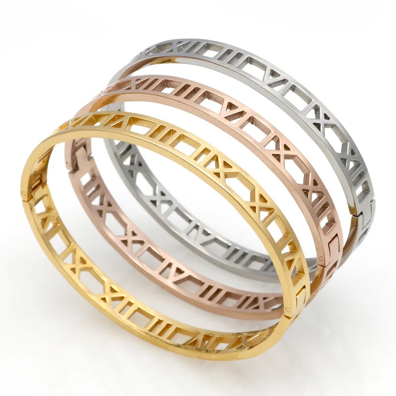 

2020 Hot seller Gold /Silver/ Gold Rose plated Fashion Roman Numbers Letter Hollow Steel Bracelet Women Girls men Wholesale, Rose gold/gold/silver