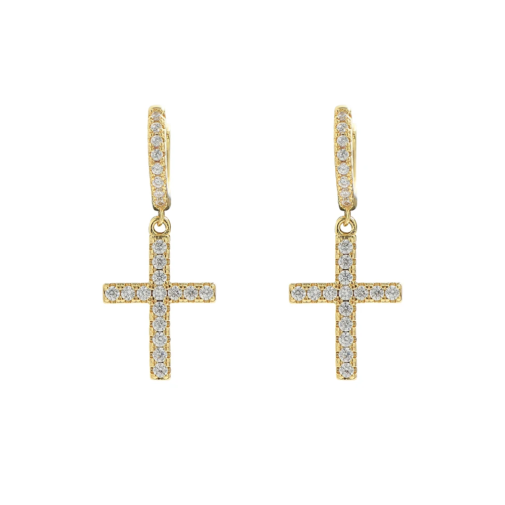 

TUNKALL E018 Brass Mens Cross Earrings New Jewelry Hip Hop setting zircon stud Earring Bling Bling