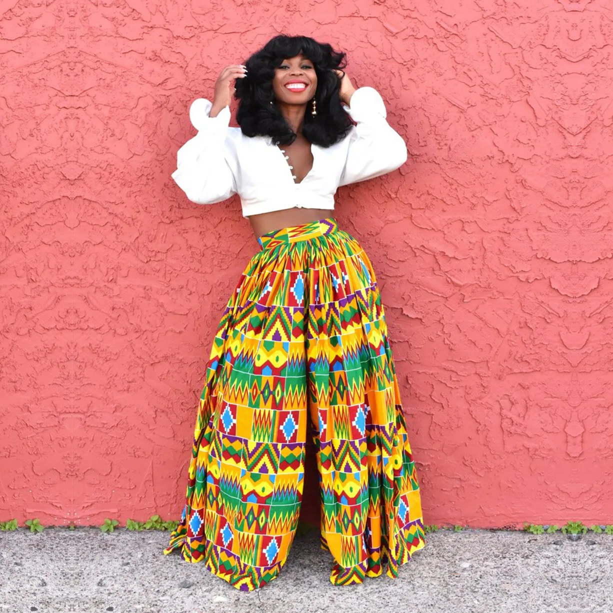 

JY-Fkjb 2021 New Arrivals Wide Leg Printed Pants High Waist Trousers African Palazzo Pants, 3 as picture