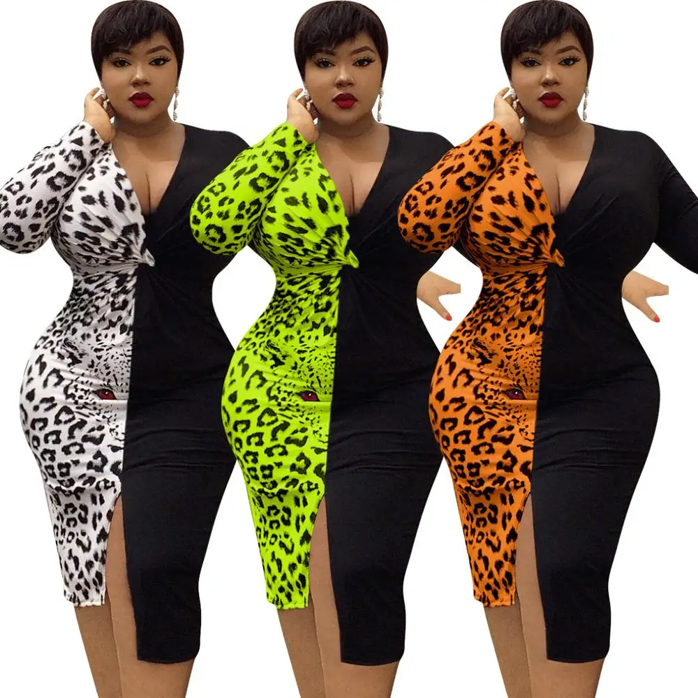 

FM- 8944 Plus size 4XL apparel 2019 Newest clothes leopard print patchwork women dress, As pic