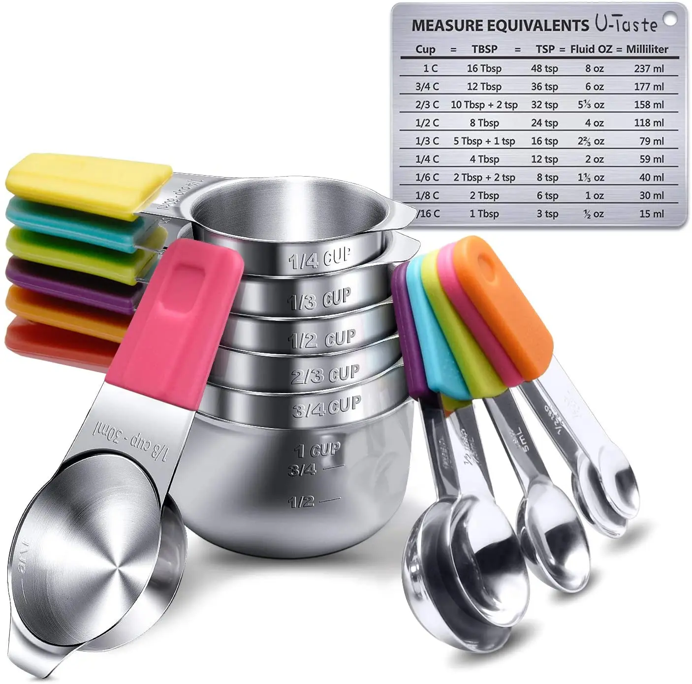 

13pc Magnetic Food Grade 18/8 304 Measuring Cups and Spoons Set, Silver