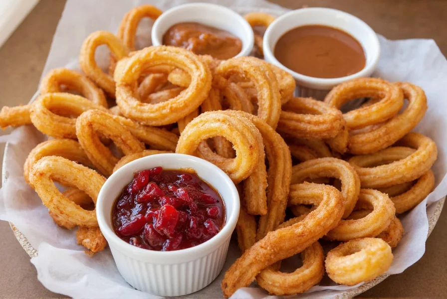 Assortment of cinnamon churros with different dipping sauces including chocolate, caramel, and fruit compote