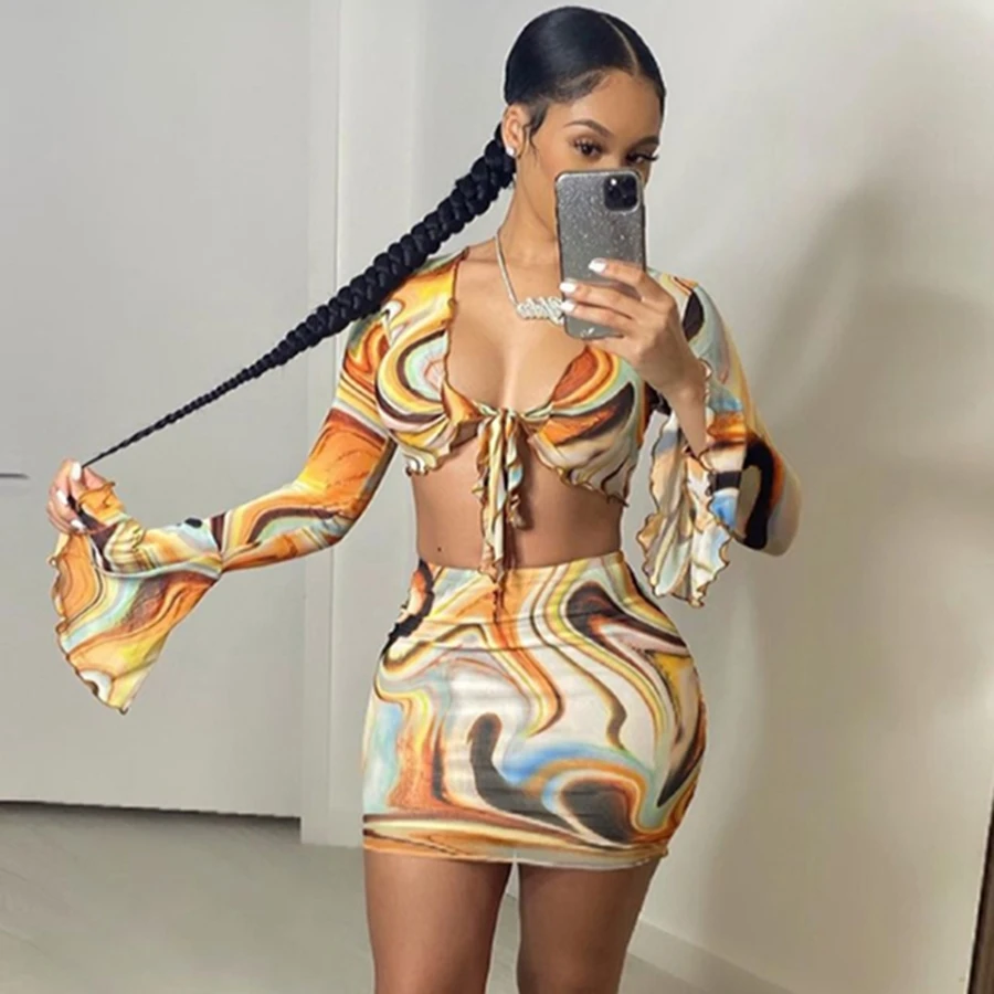 

Nibber K21S01656 summer colorful aesthetic print ruched top sexy beachwear 2 piece skirt set women, Customized color