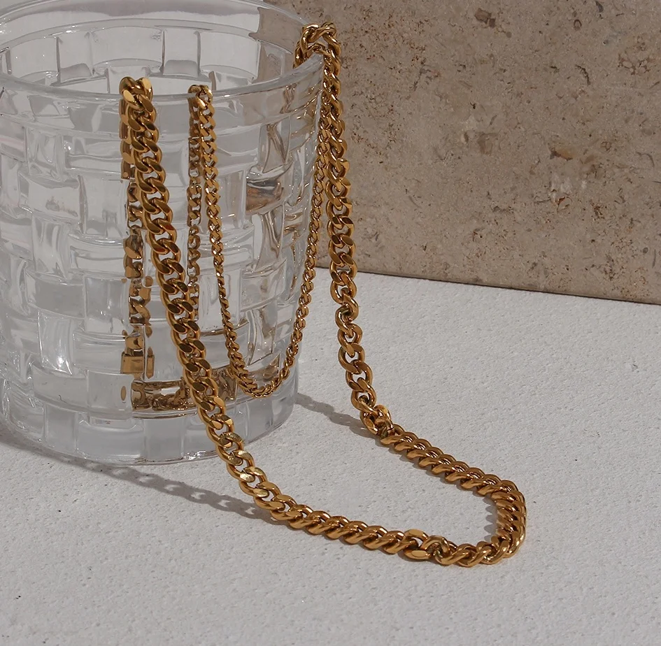 

Punk Trendy Miami Stainless Steel 18K Gold 3cm 6cm Cuban Chain Necklace Set Jewelry Women