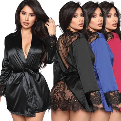

2021 Trending Spring Summer Lady Nightgown Robe Sexy Perspective Lace Home Dress Bathrobe Pajamas Red Black Satin Silk Robe