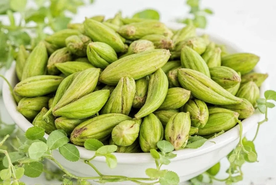 Close-up of green cardamom pods with seeds spilled on wooden cutting board