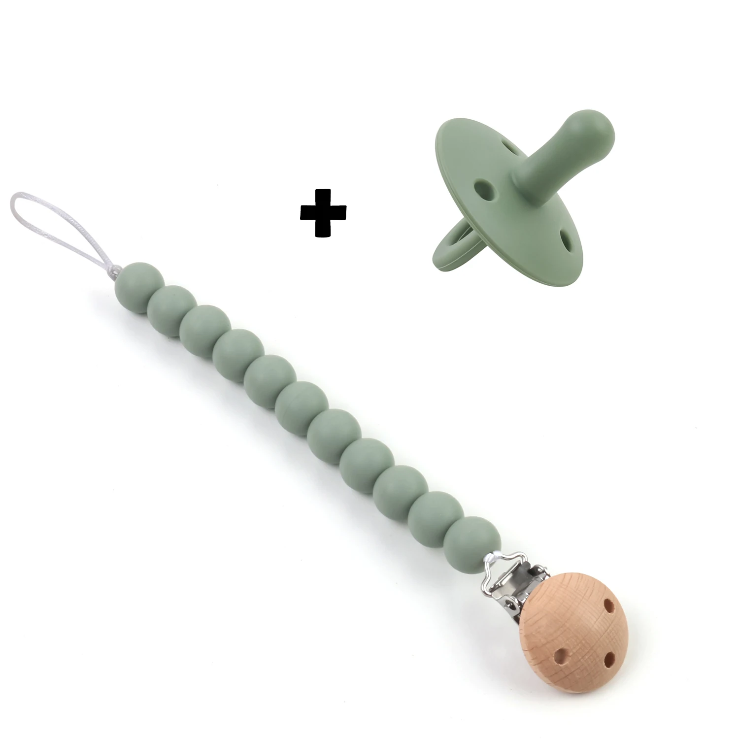 

Wholesale Eco-Friendly Silicone Wooden Bead Dummy Baby Pacifier Chain Prevention with wooden ring, Muted, sage, apricot, mustard, ether, dark grey, clay etc