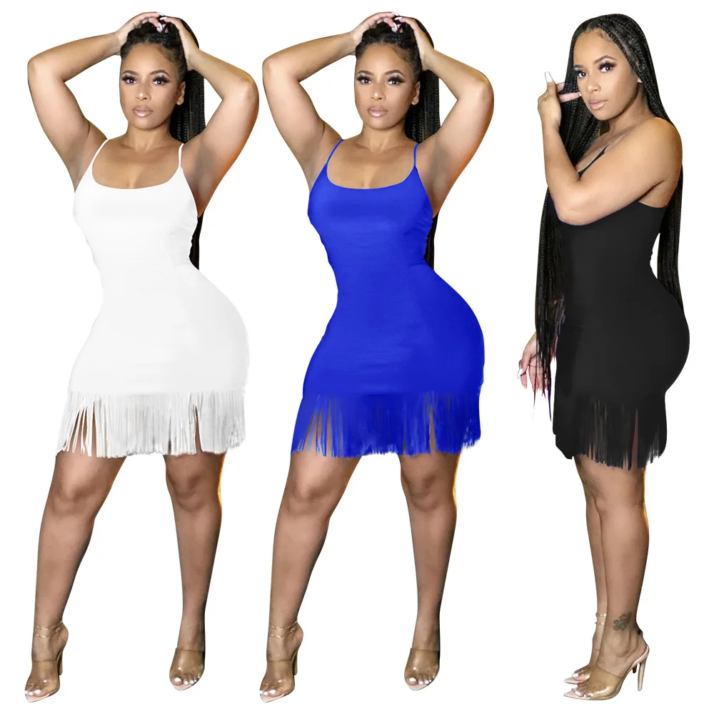 

sexy tassel nightclub dress solid color suspender dress in spring and summer