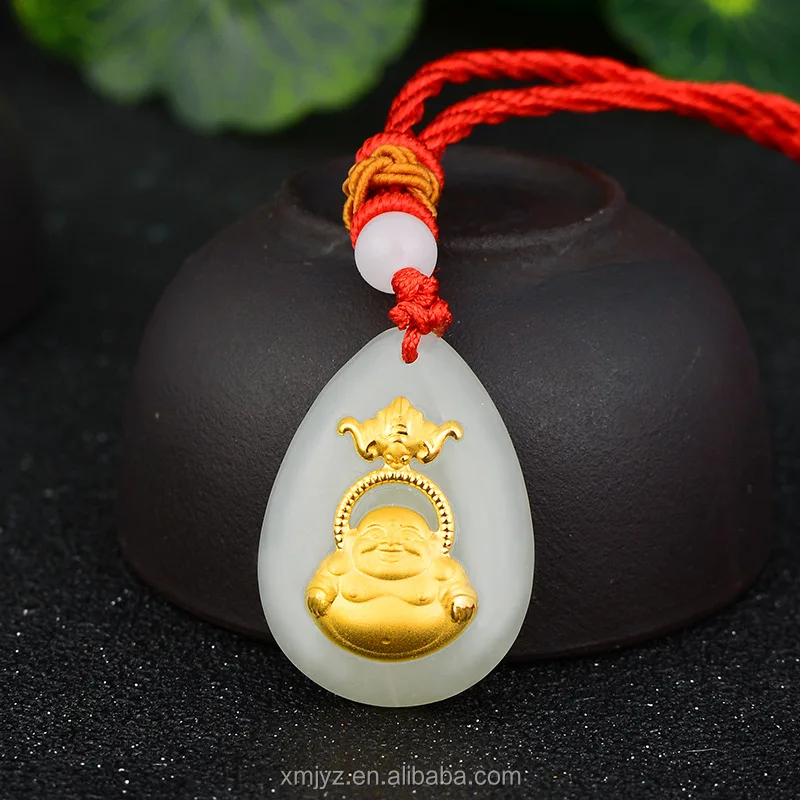 

Certified 3D Gold Inlaid Jade 4D Hetian Inlaid Gold Pure Hetian Laughing Guanyin Laughing Buddha Pendant Gift Wholesale