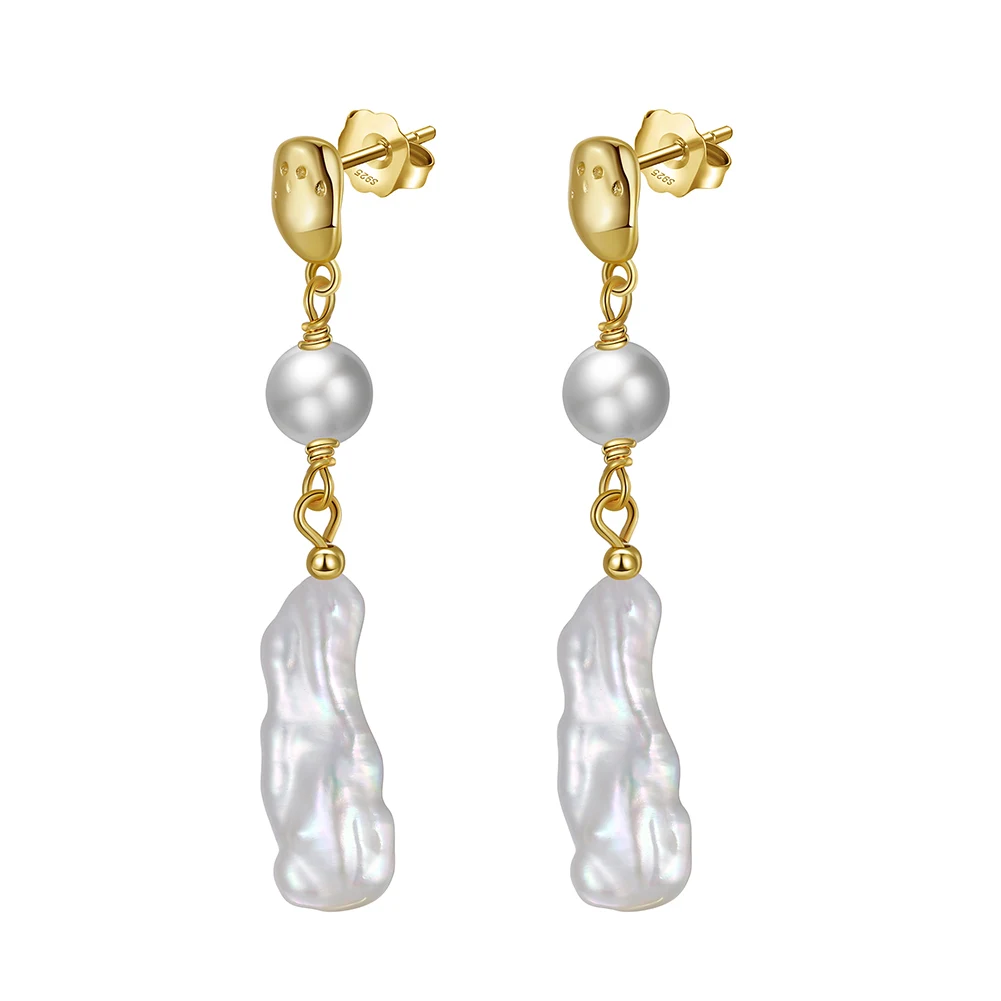 RINNTIN GPE18 Handmade Hammered 14K Gold 925 Sterling Silver Earring Stud Irregular Freshwater Baroque Pearl Drop Dangle Earring
