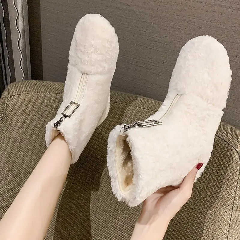 

White Warm Plush Snow Boots Artificial Fur Winter Midi Moccasin Boots For Women Ladies Girls