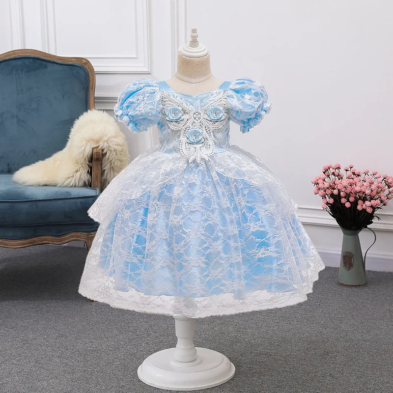 

Children's clothing Girl Cinderella Lace High waist Puff sleeve girl dress Catwalk Formal dress One year old baptism Dress, Picture shows