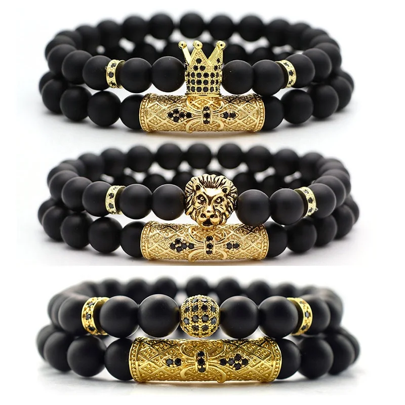 

2Pcs/Set Natural Stone Bead Yoga Bracelet Pave Cz Crown Ball Lion Men Bracelet Classic Matte Black Jewelry, As shown in the picture