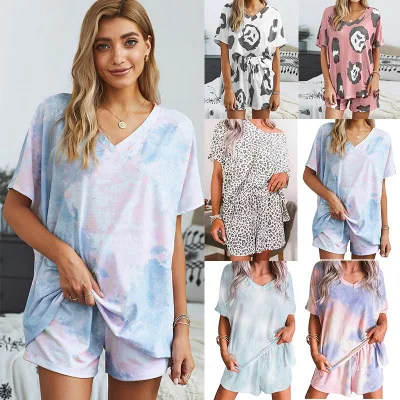 

2021 womens pajama New ladies spring and summer pajamas tie-dye printing V-neck short-sleeved home service two-piece suit, As picture