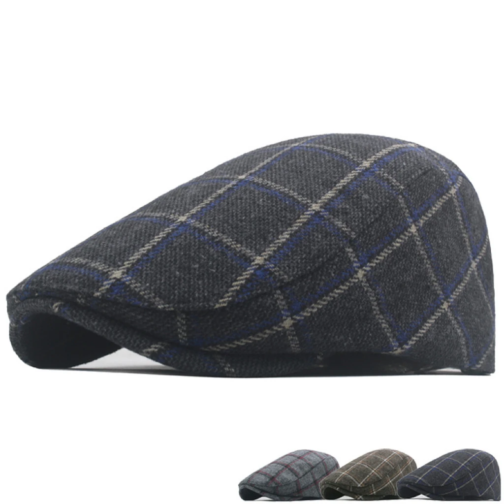 

Warm Duckbill Hat Beret Ivy Cap Custom Wholesale Fashion Plaid Woolen Tweed Flat Top Ivy Hat for Men
