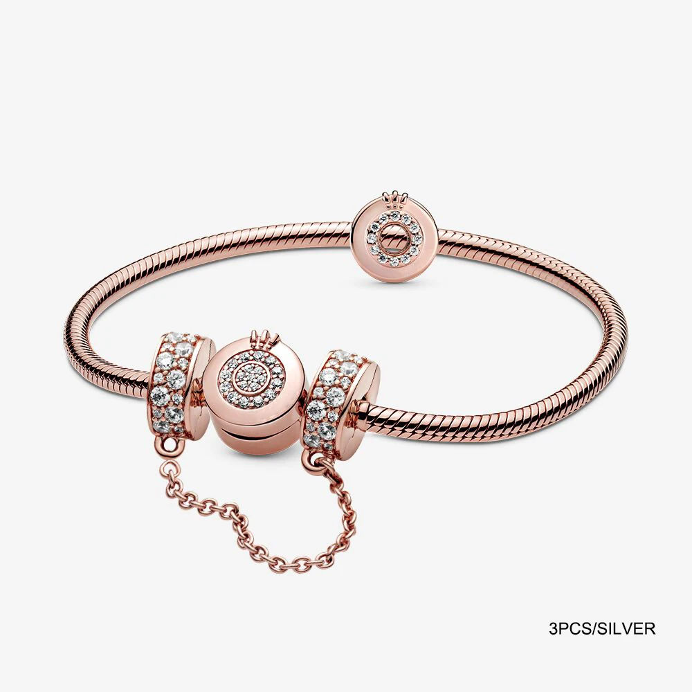 

925 Sterling Silver Rose Gold Crown O Bracelet Charms set Original Designer Fit Pandora silveJewelry For Gift of Valentine's Day