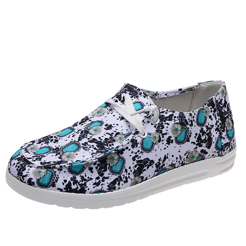 

Free Shipping Casual Flat Canvas Sneakers Gorgeous Cowhide Turquoise Sunflower Canvas Shoes