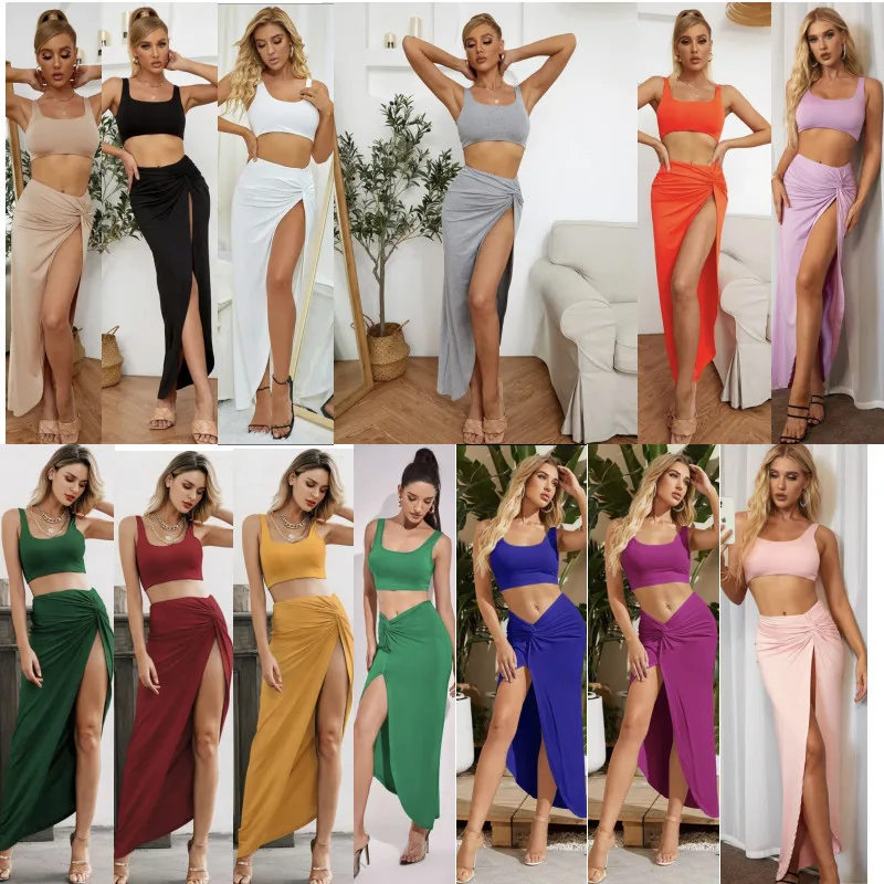 

2021 Designer Autumn plus size fashion sleeveless Long skirt set outfits sexy women two piece set