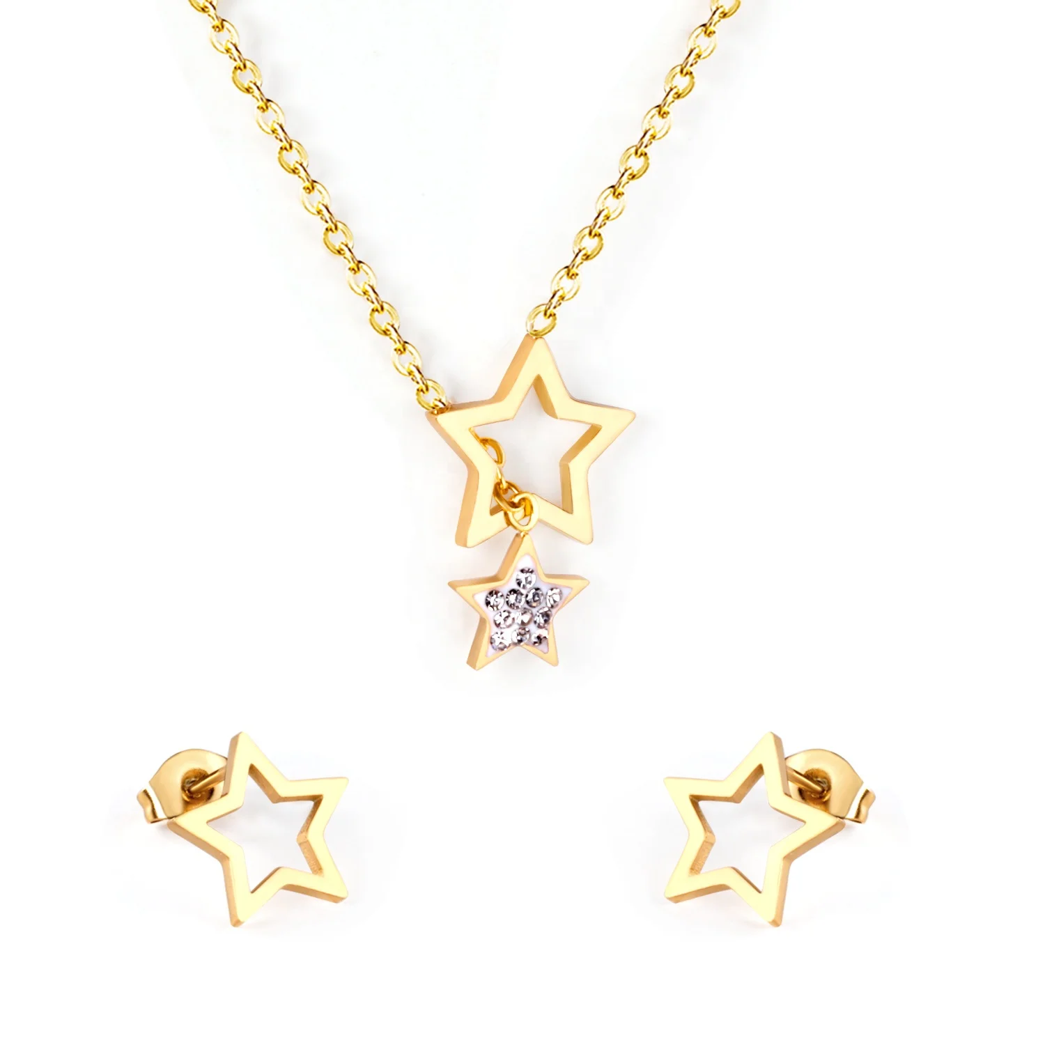 

18K gold plating chains jewelry set stainless steel stars necklace and earrings, Gold/silver