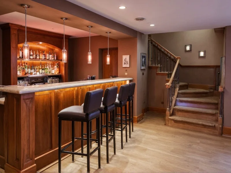 Custom built bar tucked under staircase with LED lighting