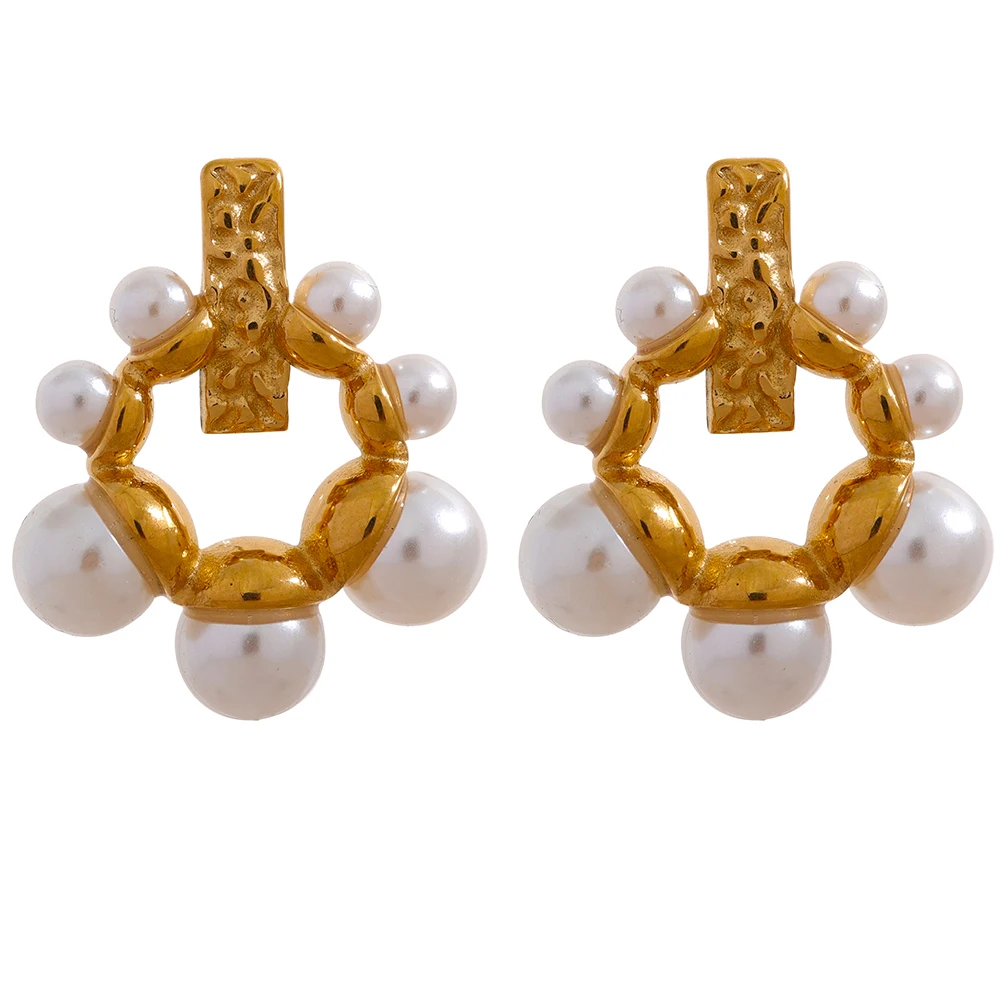 

JINYOU 1108 Vintage Artificial Pearls Geometric Hollow Stainless Steel Gold Color Korean Earrings Trendy Elegant Stylish Jewelry