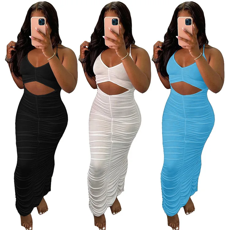 

Summer Women Fashion casual solid color sling pleated dress V Neck Sexy Elegant white hollow Long skirt, 3 colors