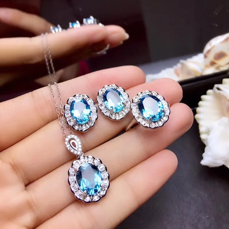 

Hainon Jewelry set earrings and necklace blue zircon plating 925 silver luxury bridal jewelry set wholesale, Square blue zircon