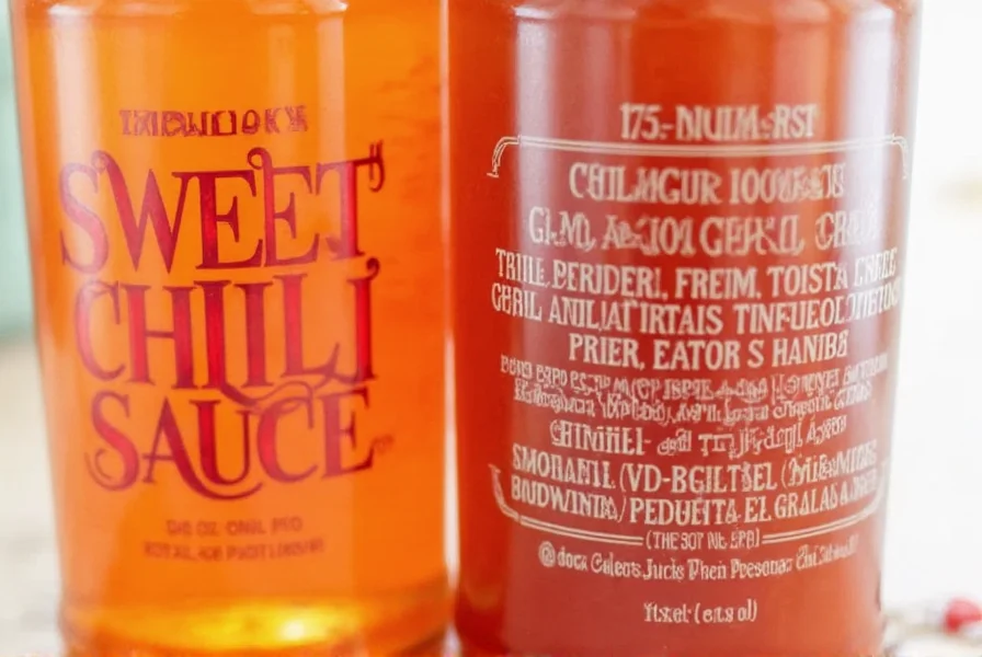 Close-up of Trader Joe's Sweet Chili Sauce bottle next to ingredients list showing red chili peppers, garlic, and vinegar
