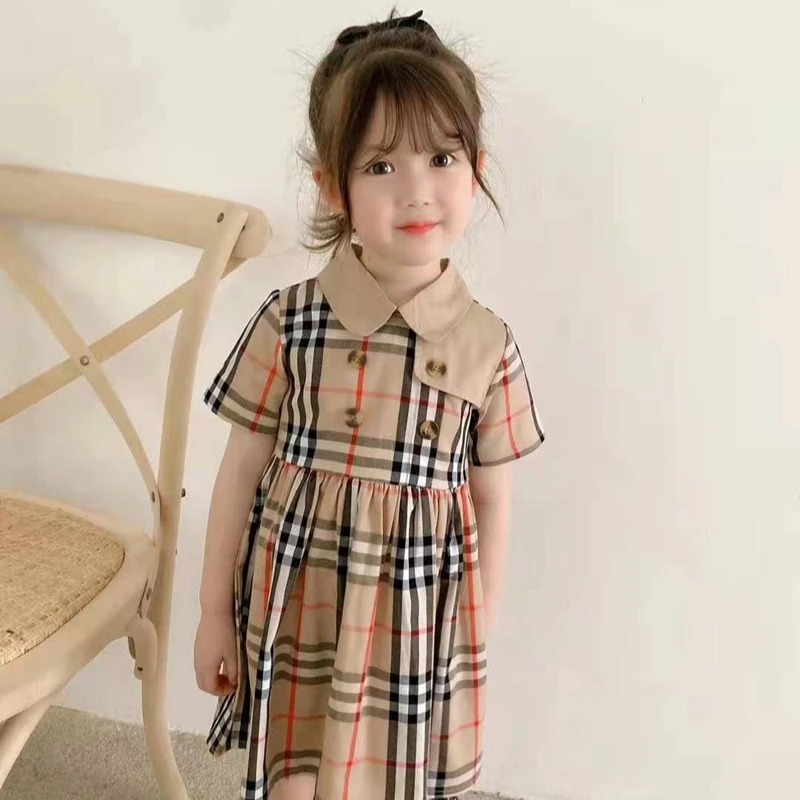 

Kids wear double breast plaid stylish birthday party summer baby dresses