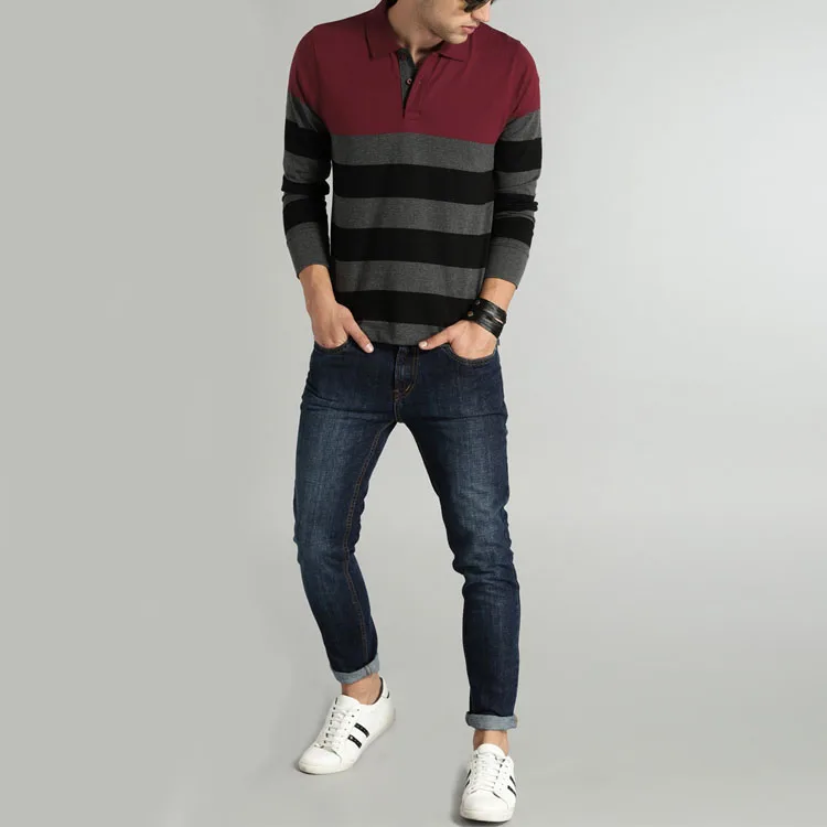 Custom wholesale Men Charcoal Grey & Maroon Striped Polo Collar T-shirt polo shirt men long sleve tomy hilfnger polo shirt