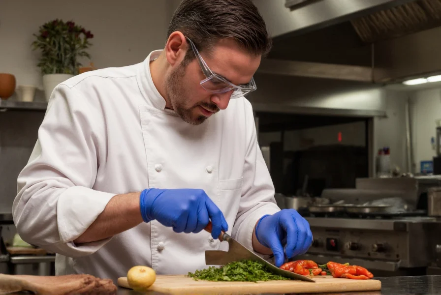 Chef carefully mincing Carolina Reaper pepper while wearing protective gloves and safety glasses
