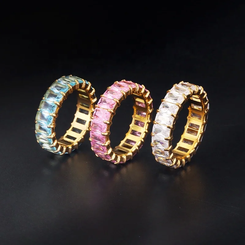 

Fashion Stainless Steel Jewelry 18K Gold Plated Iced Out Colorful Cubic Zircon Baguette CZ Tennis Ring