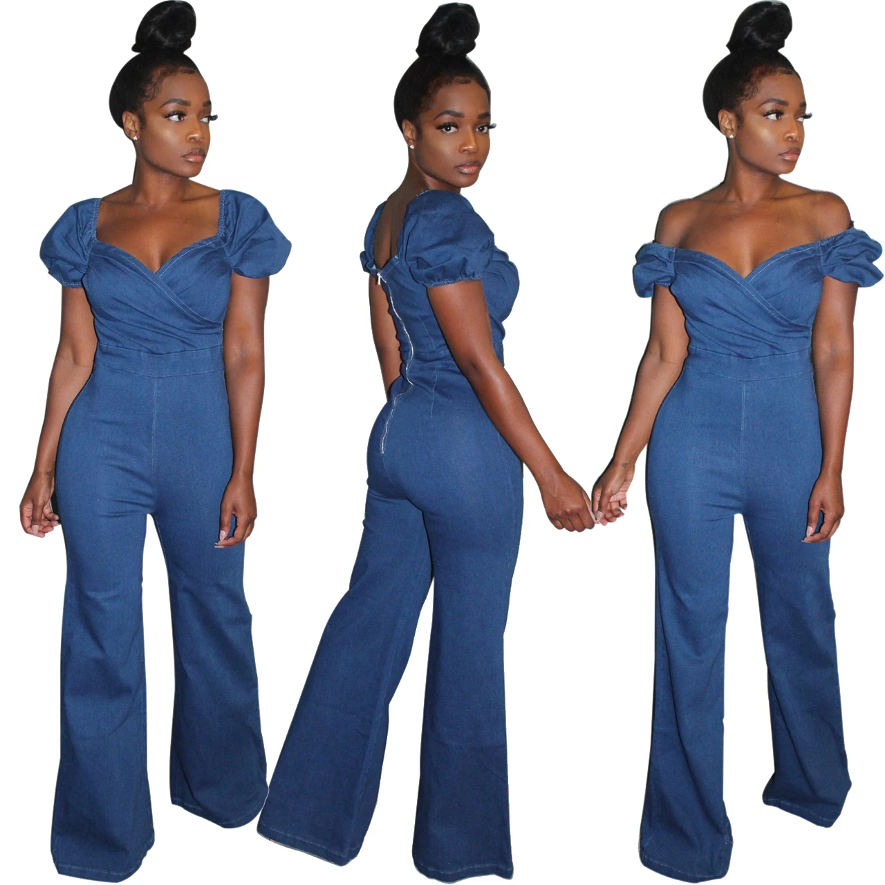 

FM-M949 2019 Sexy Blue V Neck Off The Shoulder Pants Casual Long Pant Rompers Womens Jumpsuits