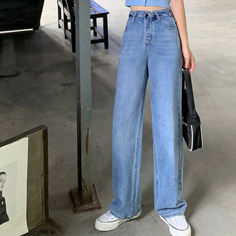 

Ins tall women summer jeans wide leg 2021 new straight high waist loose fit casual flooding denim trousers, Blue