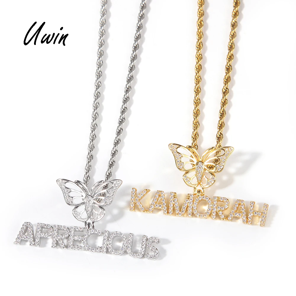

2021 New Arrival Custom Name with Butterfly Hook Mini Letter Pendant CZ Name Necklaces Women Jewelries