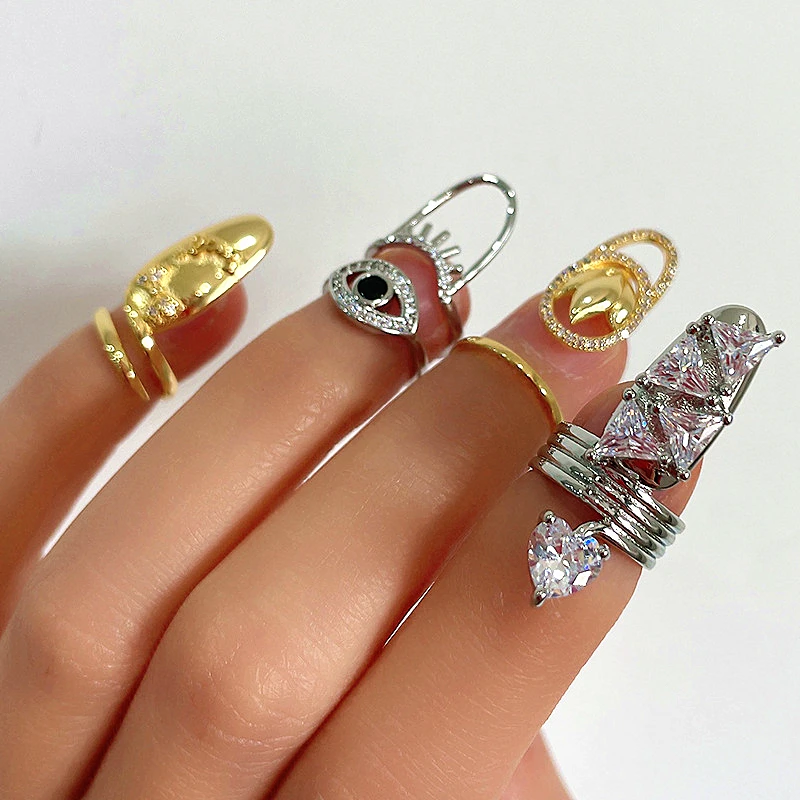 

Fashion 18K Real Gold Plated Fingertip Ring Nail Armor Open Adjustable Evil Eyes CZ Zircon Inlaid Nail Rings Women
