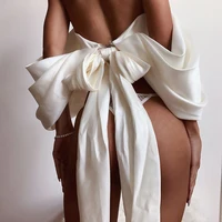 

Off Shoulder Blouse Women Glossy Deep V-neck Backless White Tops Fashion Back Big Bow Sexy Blusas Casual 2020 New
