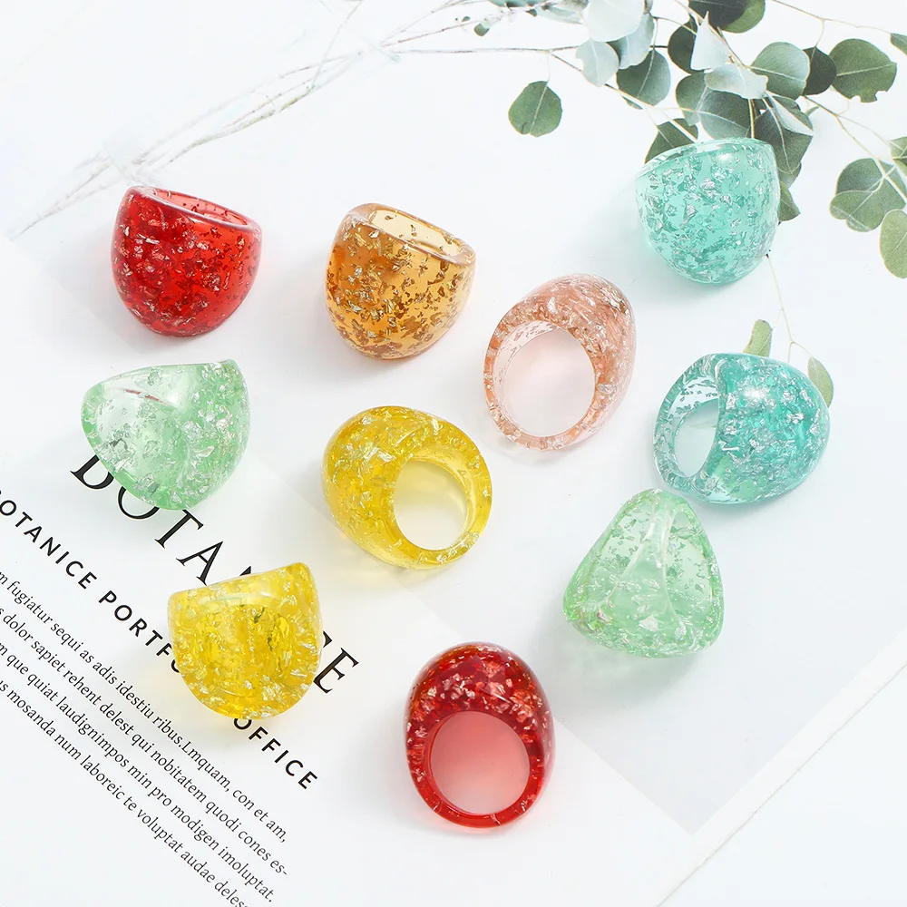 

Europe Hot Sale Summer Marble Pattern Geometric Acrylic Chunky Rings Colorful Transparent Funny Resin Rings Jewelry Women, Yellow, red, green, blue, pink