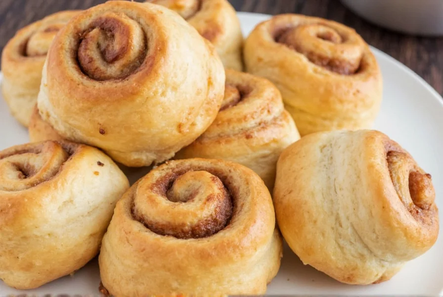 Two golden puff pastry cinnamon rolls with creamy glaze drizzled on top, close-up showing flaky layers and cinnamon swirls
