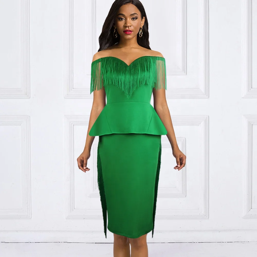 

KEN-AM201109 custom add logo wholesale off shoulder women ladies fringe elegant cocktail dresses