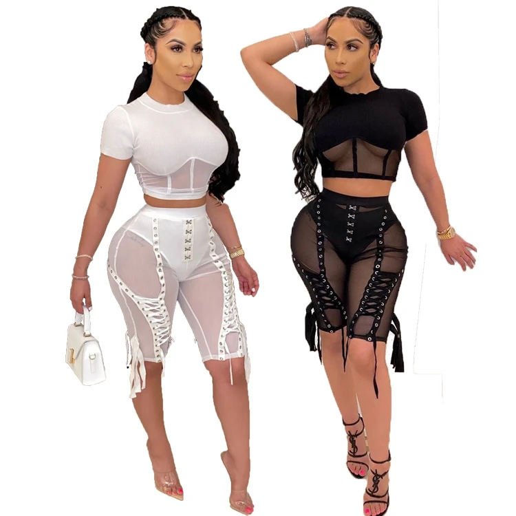 

D96633 Summer clothes ladies new hot style sexy net gauze high waist tie perspective shorts woman one piece woman jogger pants