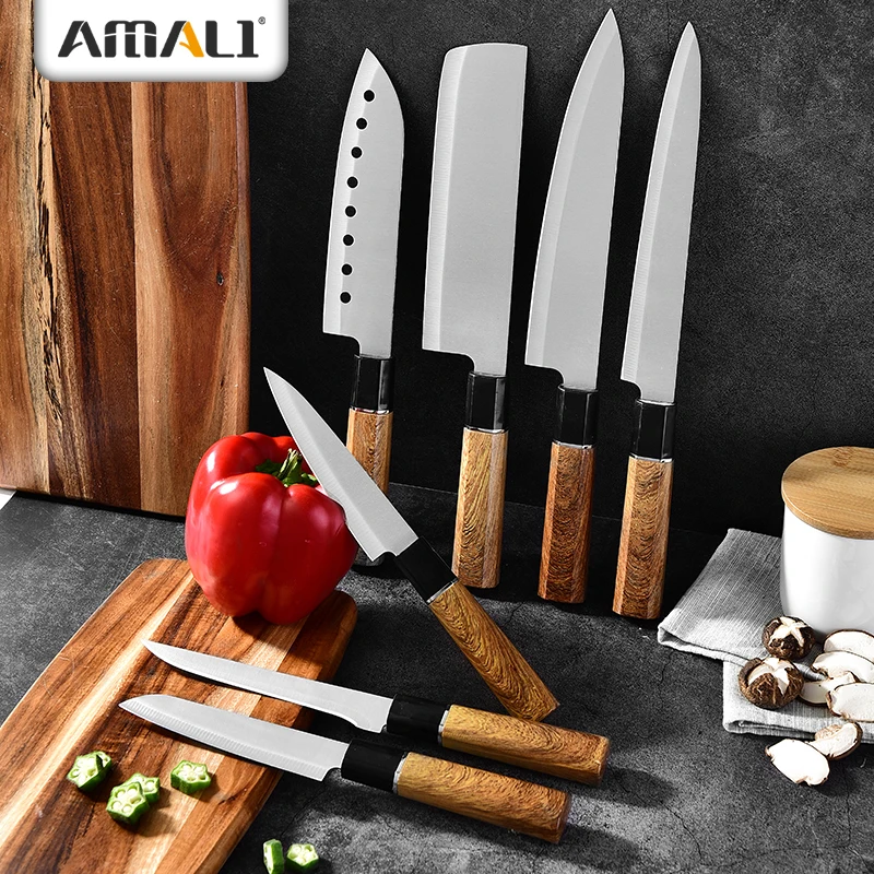 

READY TO SHIP Stainless Steel Kitchen Chef Knife Santoku Knife Slicing Knife With Plastic Handle In Wooden Grain Plating, As picture