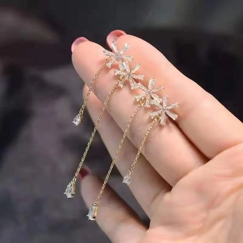 

New Zircon Flower Tassels Crystal Dangle Long Earrings For Women Bridal Wedding Jewelry, As pic shown