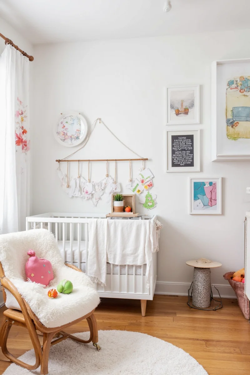 Nursery wall with alphabet chart and framed kid's drawings