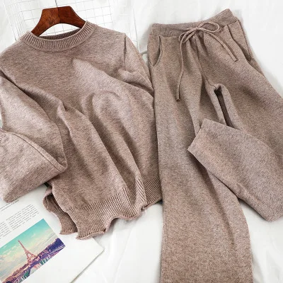 

Winter Knitted Pants Set Women O Neck Casual Pullover+pockets High Waist Pants Vintage Streetwear Women 2 Piece Set Tracksuit