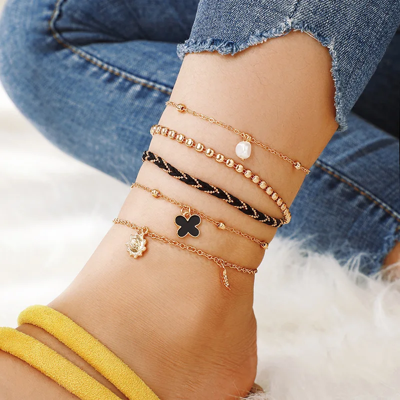 

2020 New Style Body Jewelry Anklets Shiny Black Braided Rope Ankle Bracelet Gold Plated Chain Anklet With Pearls, As picture show