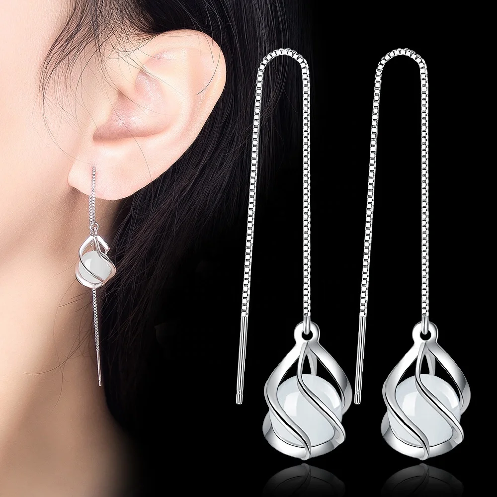 

Long 925 Sterling Silver Box Chain Jewelry Tassel Opal Ear Line For Women, White