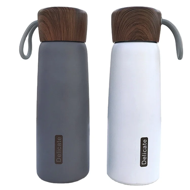 

Wholesale Custom Double Wall Vacuum Flask Stainless Steel Water Bottle With Wood Lid Rope