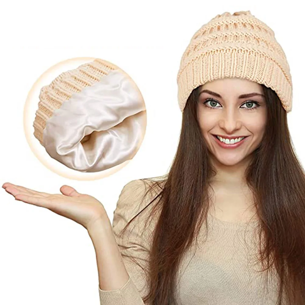 

Free shipping wholesale custom acrylic women winter silk lining curly hair silk beanie hat satin line knitted hat