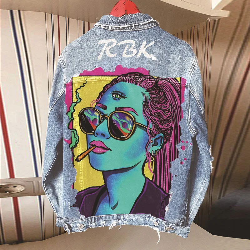 

2022 Autumn High Quality Fashion Cartoon Print Jeans Jacket Top Women Long Sleeve Chaqueta Vintage Denim Coats Streetwear